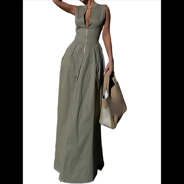 Vestido Midi Informal de Verano para Mujer, con Escote en V Profundo, Cremallera, Mangas , Cintura Elástica Fruncida y Bolsillos. Verde S
