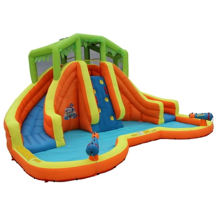 Banzai Twin Falls Lagoon  Length: 16 ft 8 in  Width: 11 ft 10 in  Height: 8 ft 4 in  Inflatable Outdoor Backyard Water Slide Splash Toy