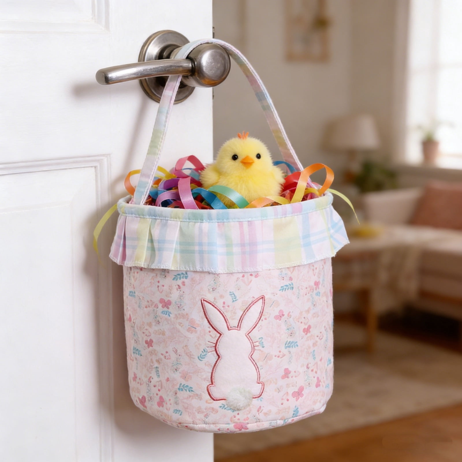 REZUOFI 4 Pcs Easter Basket with Ruffled Design Floral Pattern Storage Tote Bag for Egg Hunt Party Decoration Home Organizer Reusable Foldable Carryall
