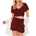 thumbnail image 5 of GERsome Womens Pajamas Set 2 Piece Short Sleeves PJs V-Neck Tops and Drawstring Waist Shorts Soft Lounge Set S-2XL (Wine,M), 5 of 8