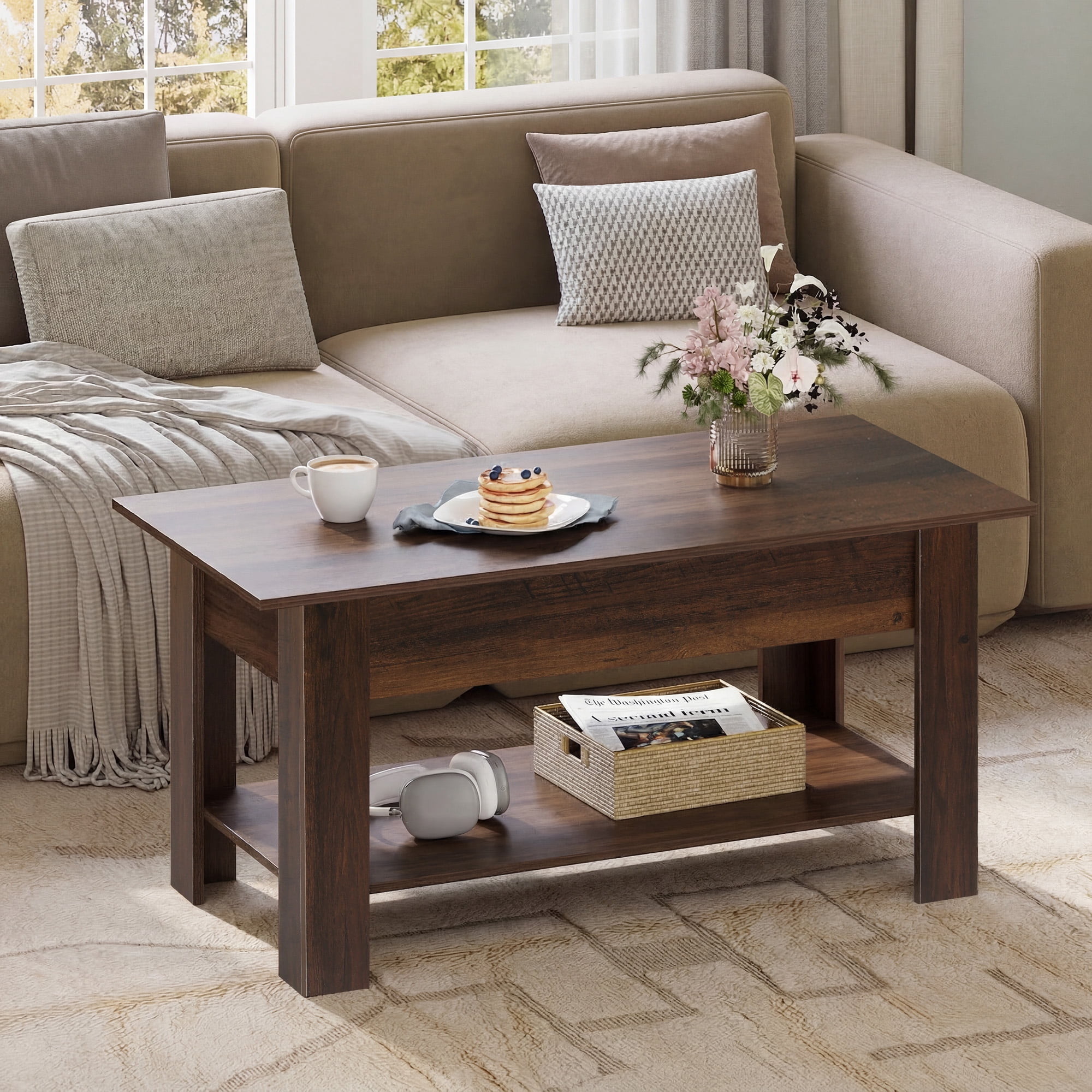 GALAXHERO 39" Lift Top Coffee Table with Storage Shelf & Hidden Compartment and Lifting Top for Home Living Room Office and Reception Room Espresso