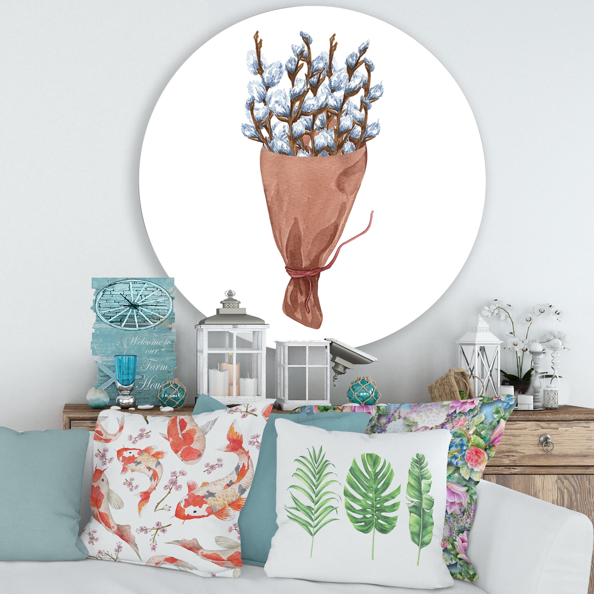 Designart 'Bunch of White Pussy Willow Twigs I' Farmhouse Circle Metal Wall Art 29x29 - Disc of 29