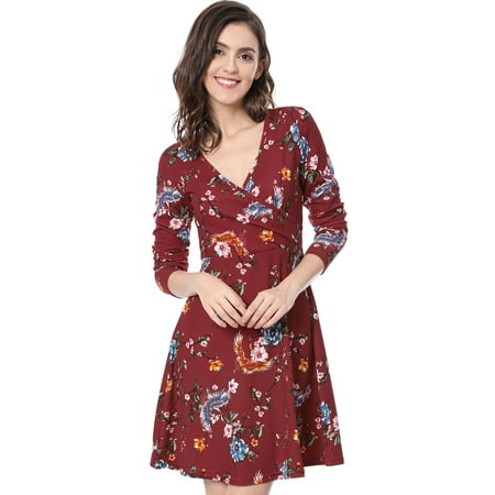 Print Surplice Dress - Women's Floral Birds Print V Neck Lone Sleeve Surplice Dress
