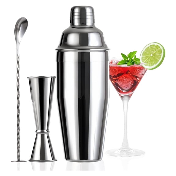 Cocktail Shaker Set,24oz Drink Shaker with Bartender Strainer, Measuring Jigger, Bar Mixing Spoon, Cocktail Recipe Guide, Professional Drink Mixer Set for Beginners, Silver