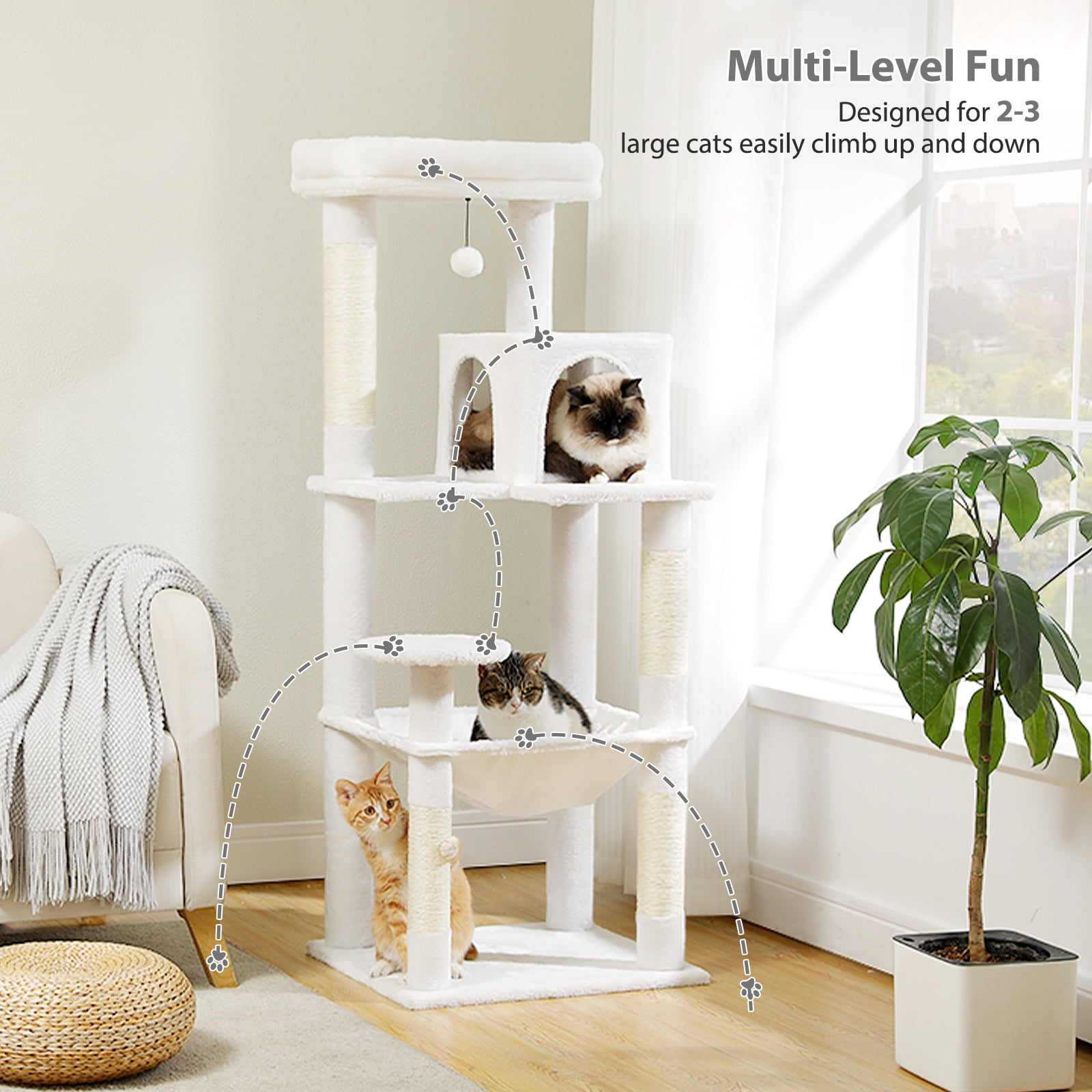 Kadyn 56" Wood Cat Tree Tower for Large Cats, Cat Tree House for Indoor Cats with Cozy Cat Condo, Super Large Hammock and Plush Perches, White