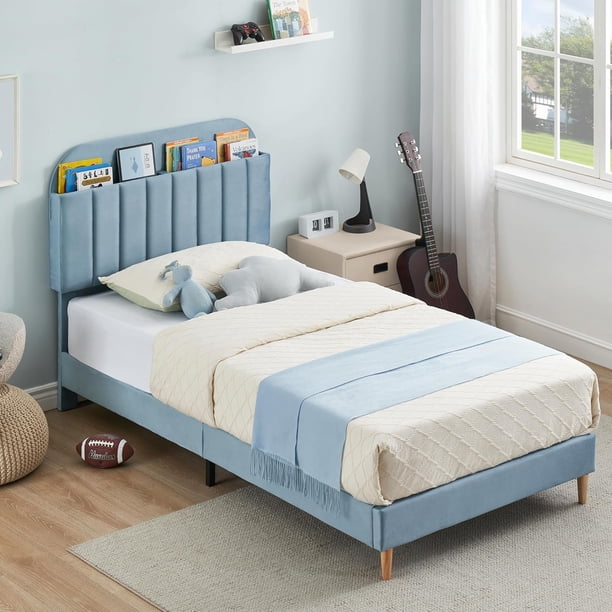 Qinaqin Twin Upholstered Platform Cama Frame con Bookcase cm de Alturaeadboard Velvet Alturaeavy- Profundidaduty Steel Support Legs Easy Assembly Noise-Free Azul