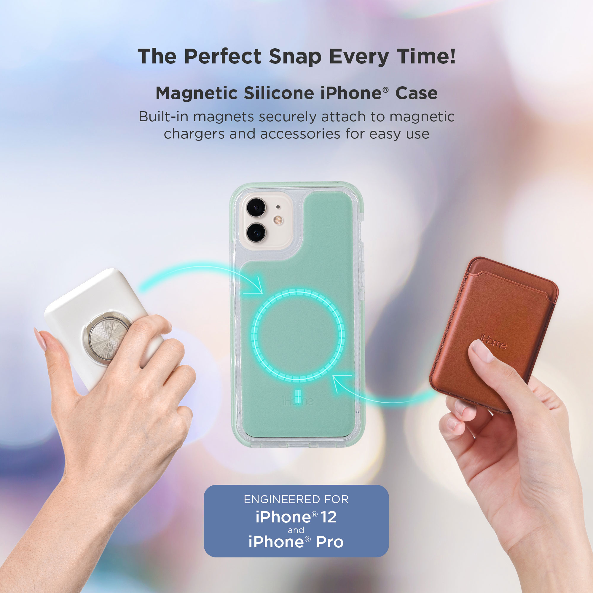 iHome Magnetic Silicone Velo Case, Slim & Shock Absorbent, MagSafe Compatible (iPhone 12/12 Pro, Mint)