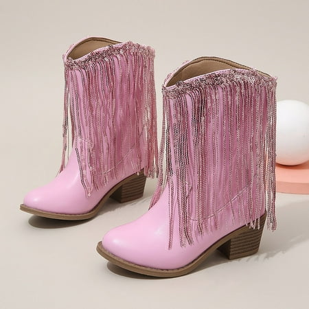 Girls Winter Low Heels Princess Boots Tassel Sequin Mid Calf Cowboy Shoes(Size:7-8 Years)