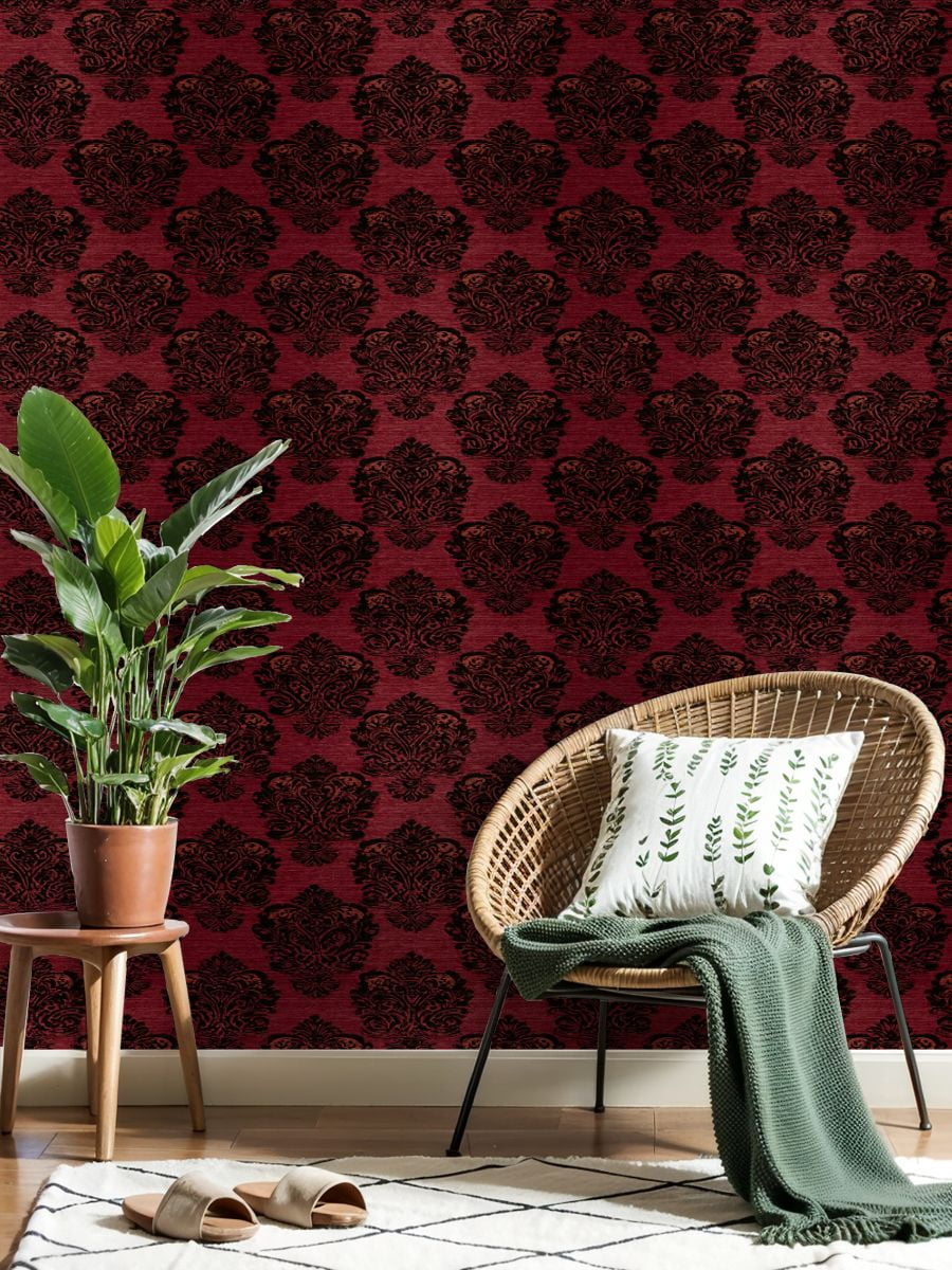 Peel and Stick Wallpaper Elegant Red Black Damask Vintage Design Wall Mural 23.6in x 9.8ft Self Adhesive Removable Wall Paper Renter Friendly Wallpaper for Nursery Bedroom Cabinets