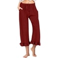 thumbnail image 2 of RPVATI Womans Linen Pants Casual Ruffle High Waisted Beach Wide Leg Capri Pants Summer Straight Drawstring Flowy Cropped Palazzo Pants with Pockets Wine XXL, 2 of 7