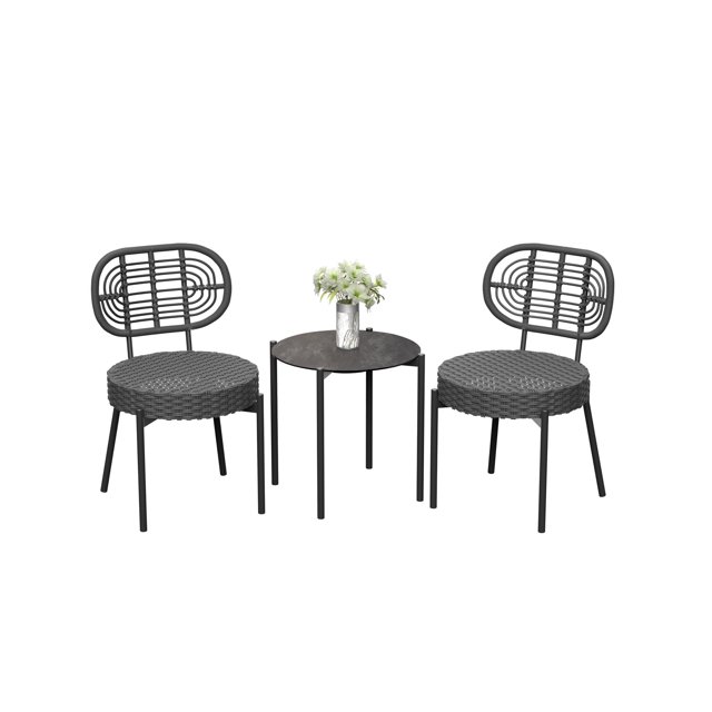 3-Piece All-Weather Wicker Bistro Set,2 Rattan Chairs + Tempered-Glass Table, Compact Outdoor Dining Furniture for Garden, Backyard, Balcony & Apartment
