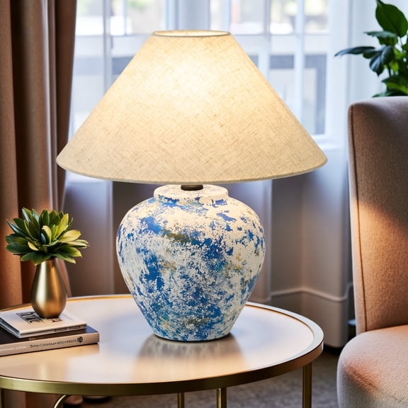Deyidn Modern Blue Ceramic Table Lamp with Textured Base and Linen Shade, 15.75 Inch Height for Bedroom, Living Room or Office