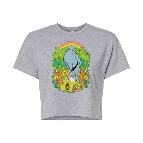 Winnie the Pooh - Eeyore Grazing Through Flowers - Rainbow - Juniors Cropped Cotton Blend T-Shirt
