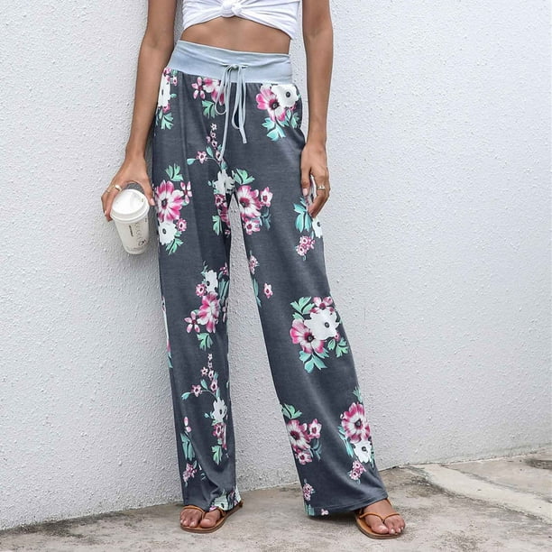 New Year New You! Feltree Full Length Pants Womens Ladys Casual High Waist Loose  Pants Comfy Stretch Printing Wide Leg Pants Gray XL 