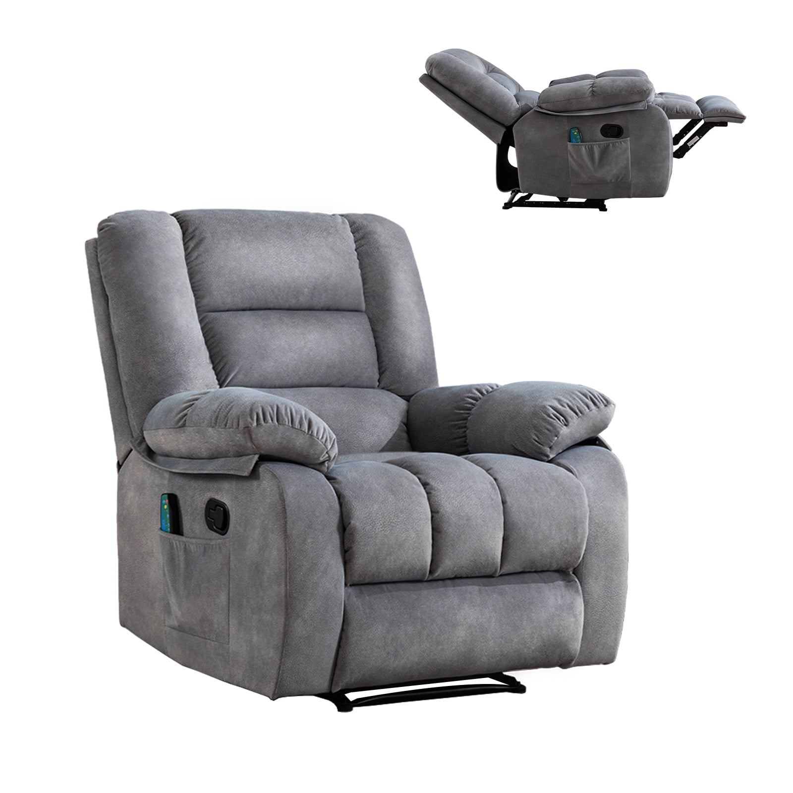 Ebello 36'' Massage Recliner Chair with Heat and Vibration – Soft Fabric Manual Reclining Chair for Living Room and Bedroom – Light Gray