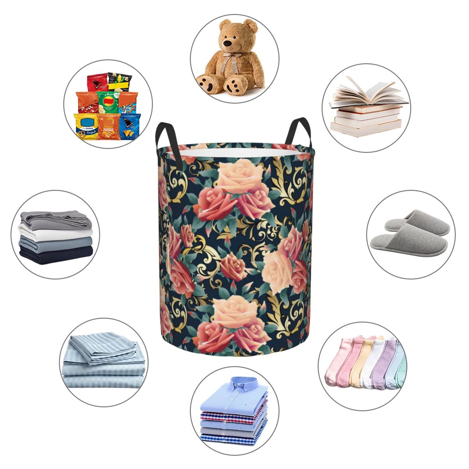 Large Laundry Basket with Handles - Rose Flowers Texture Kids Baby Dirty Clothes Laundry Hamper for Bedroom Aesthetic