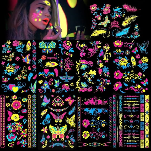 HOWAF 9 Large Sheets Neon Glow in The Dark Temporary Tattoos, 100 Glow UV Neon Body Art Flowers Butterfly Flash Waterproof Tattoo Stickers for Women Girls