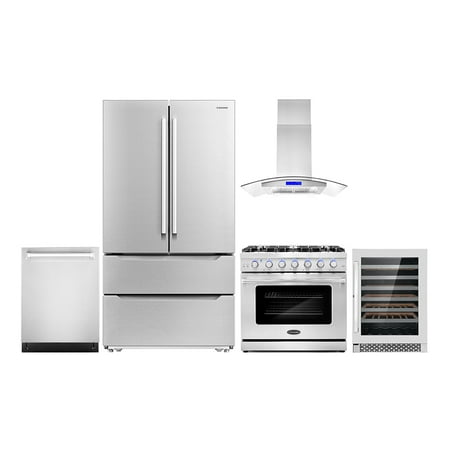 Cosmo 5 Piece Kitchen Appliance Package with 36  Freestanding Gas Range 36  Island Mount 24  Built-in Fully Integrated Dishwasher French Door Refrigerator & 48 Bottle Wine Refrigerator