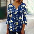 thumbnail image 2 of CYMMPU Fall Trendy Shirts 3/4 Sleeve Spring Tops Button V Neck Flare Sleeve Loose Fit Tunic Tops Flower Printed Blouses for Women Dressy Casual Empire Waist A Line T-Shirts Multicolor L, 2 of 5