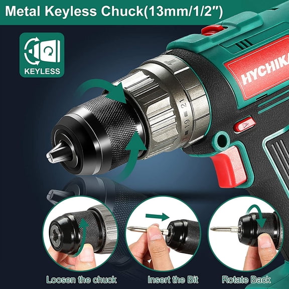 HYCHIKA 18V Cordless Hammer Drill Driver with 400 In-lbs Torque, 1/2" Metal Chuck, 2.0Ah Battery, 1H Fast Charger, 21 3 , LED Light for Drilling Wood Metal Wall