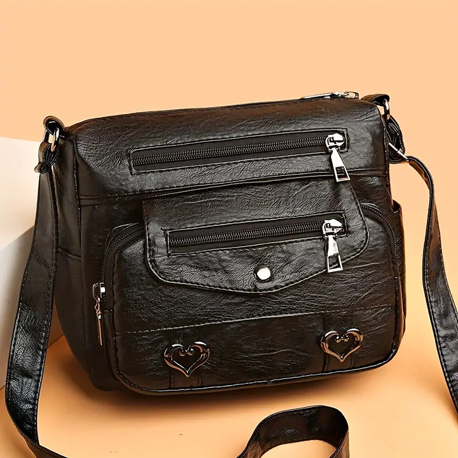 Crossbody Bags for Women Pocketbooks Soft PU Leather Purses and Handbags Multi Pocket Vintage Shoulder Bag with Heart Decor Black