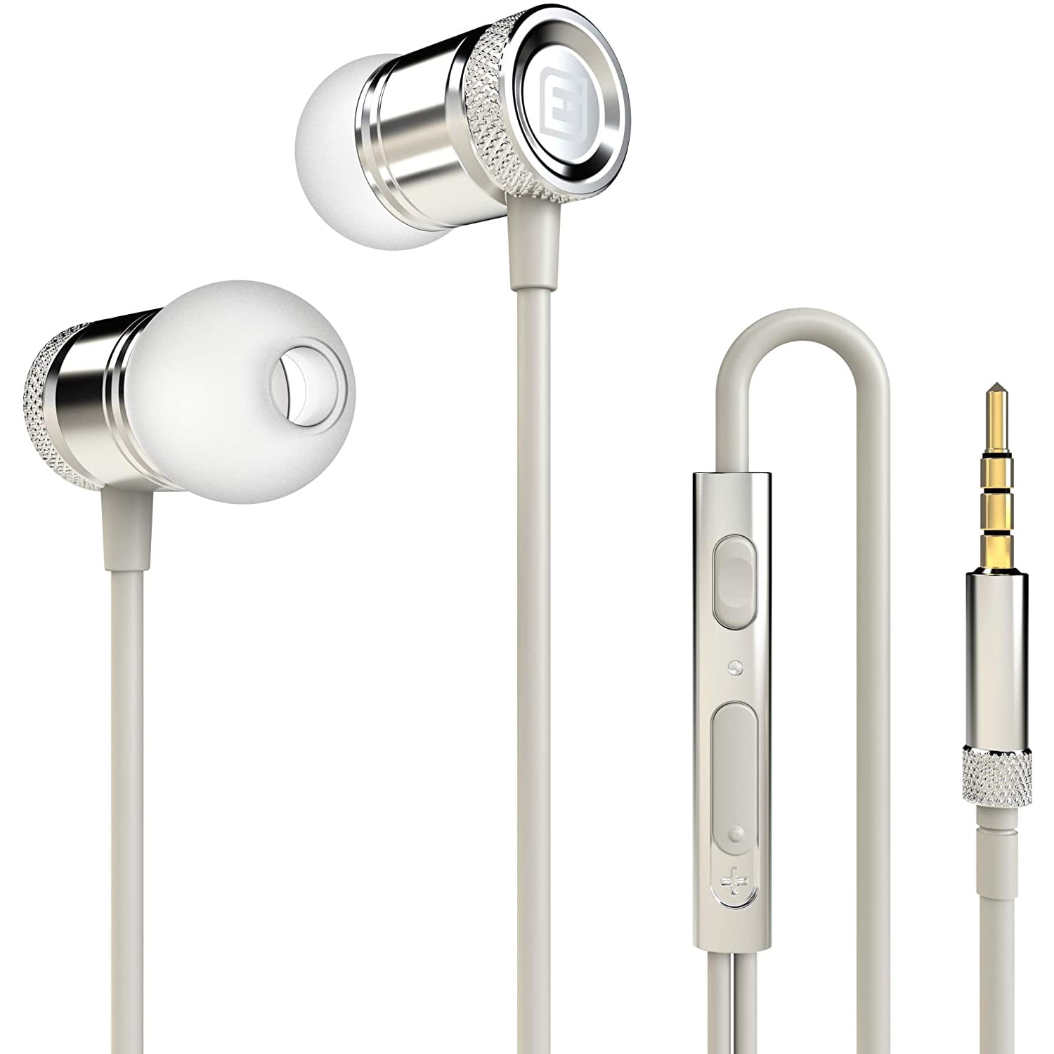 ElloGear Stereo Wired Earbuds 3.5mm with Noise Isolating Technology, Microphone and Volume Control - White/Silver