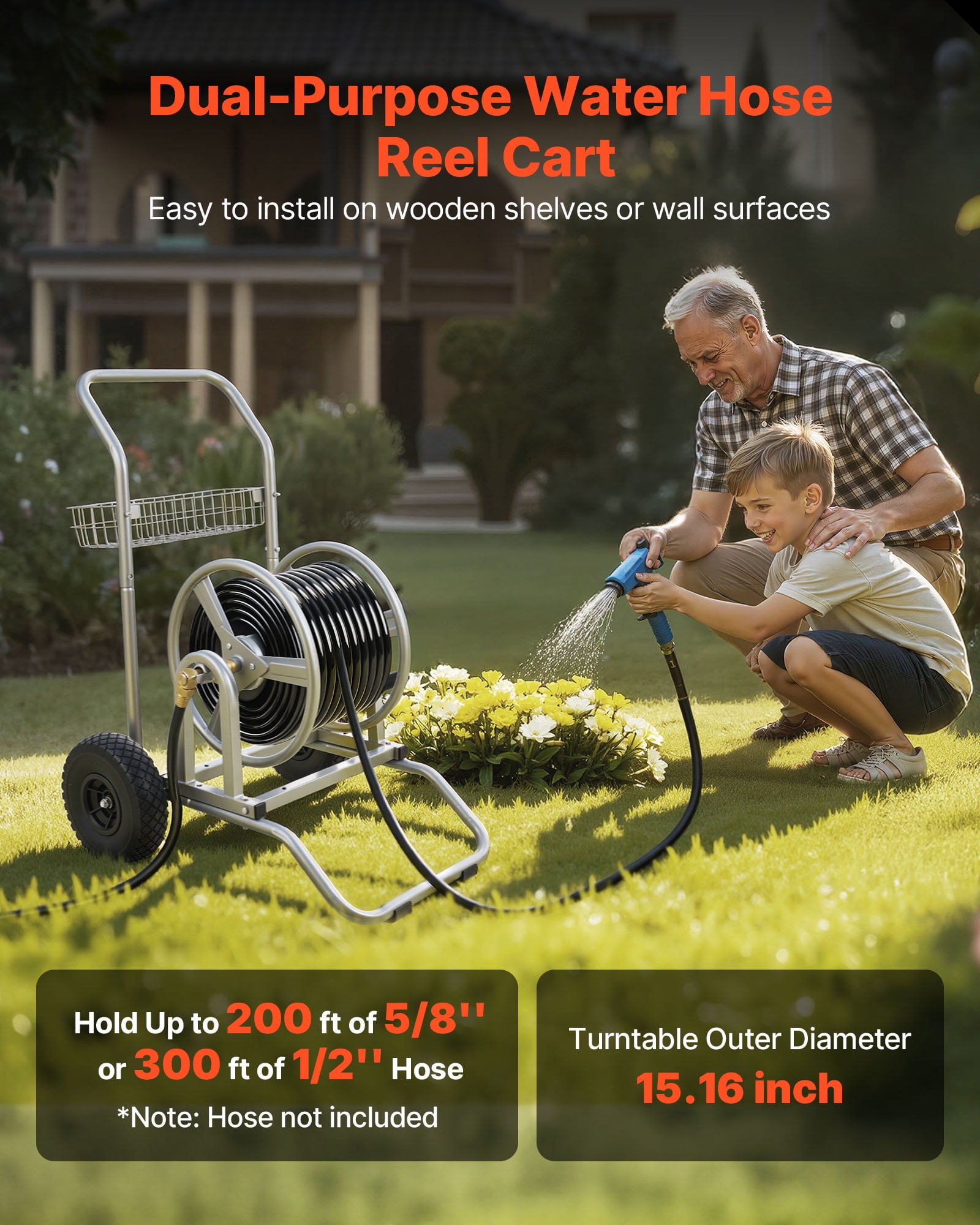 VEVOR Water Hose Reel Cart, 200/300ft High-Pressure Garden Hose Cart, Hoses Reel Carts with Two Wheels, Handle & Heavy-Duty Mesh Storage Basket, Dual-Purpose Portable Hoses Reels for Garden, Car, Pet
