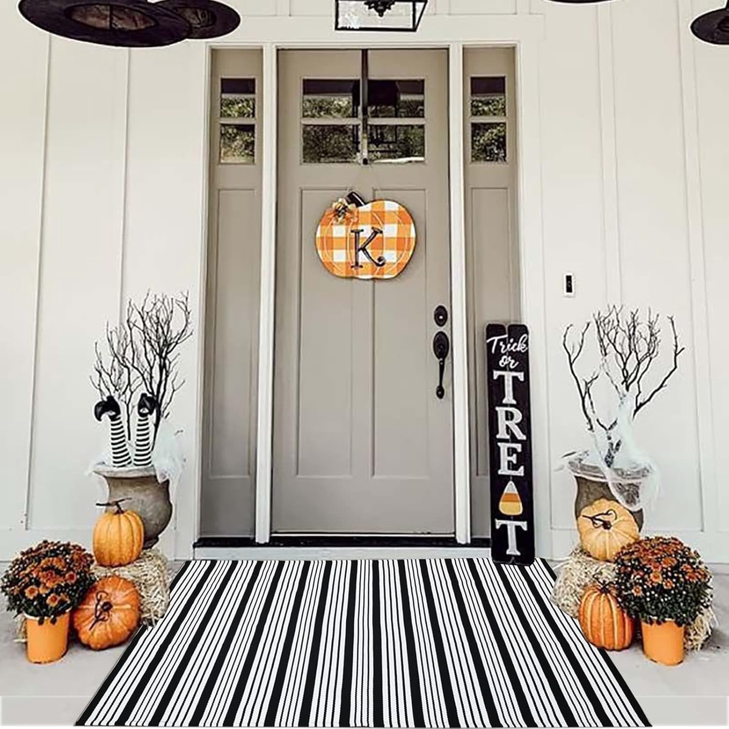 Black and White Striped Outdoor Rug Front Porch Rug 35.4'' x 59'' Front Door Mat Cotton Hand-Woven Reversible Mats for Outdoor,Entryway,Laundry Room,Farmhouse,Kitchen