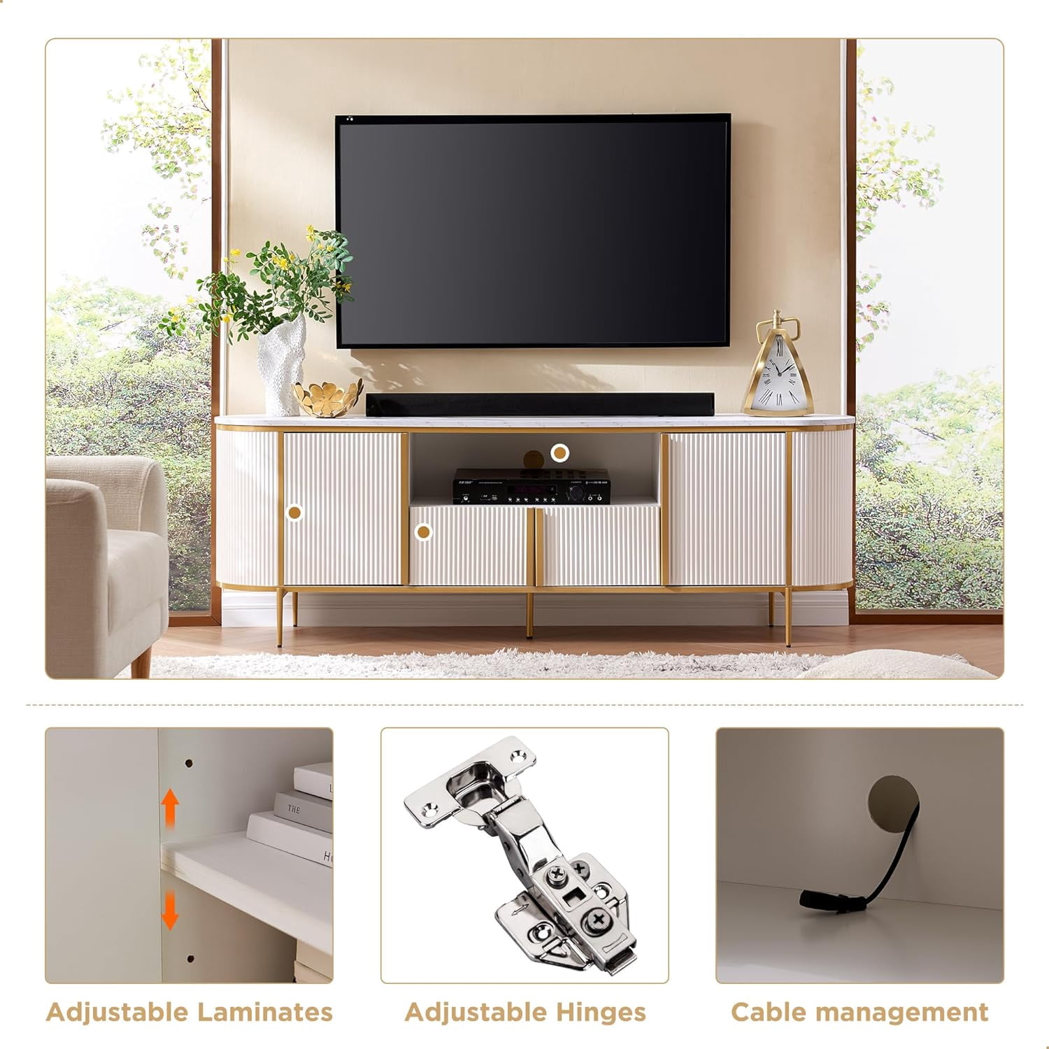 OKD 70" Modern Fluted TV Stand for TVs up to 80", Mid-Century Wooden Entertainment Center for Living Room, Off White