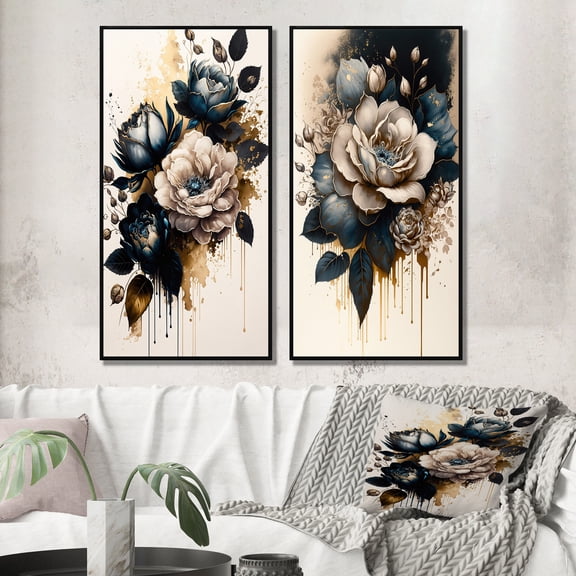 Designart "Rose Design in Black and White II" Rose Framed Wall Art Set Of 2 - Black Floral Gallery Wall Frame Set For Home Decor