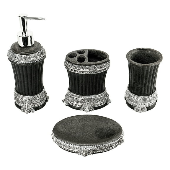 Vintage Bathroom Accessories, 4 Pcs Soap Dispenser Bathroom Bathroom Accessories Set, Bathroom Set Features, Soap Dispenser, Toothbrush Holder, Tumbler & Soap Dish - Black Glossy - Bath Gift Set