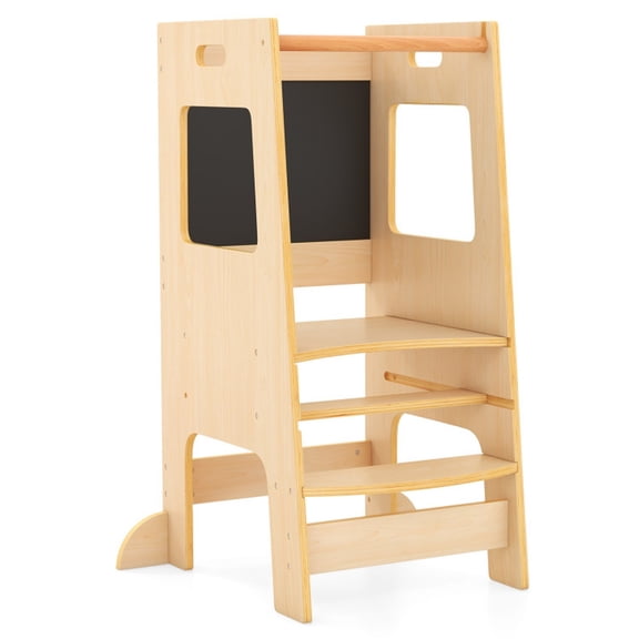 SUGIFT Wood Step Stool with Activity Chalkboard, Foldable 2 Step Stool with Adjustable Height for Kitchen Counter and Bathroom Sink, Toddler Learning Helper Stool, Natural