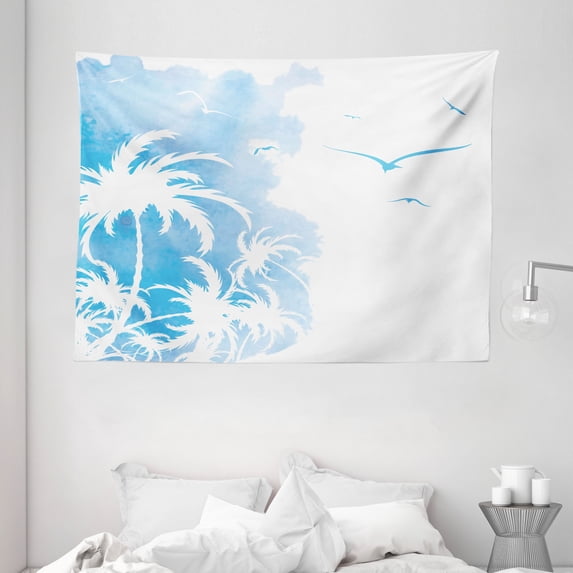 Exotic Tapestry, Island Palm Trees Abstract Design with Birds Watercolor Background Artwork, Wall Hanging for Bedroom Living Room Dorm Decor, 80W X 60L Inches, Sky Blue and White, by Ambesonne