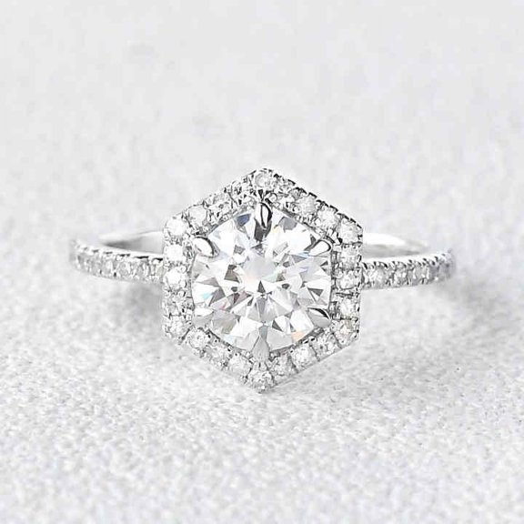 Hexagonal Halo Women's Engagement Ring 1.8 Ct Round Brilliant Cut Diamond 14K White Gold Over