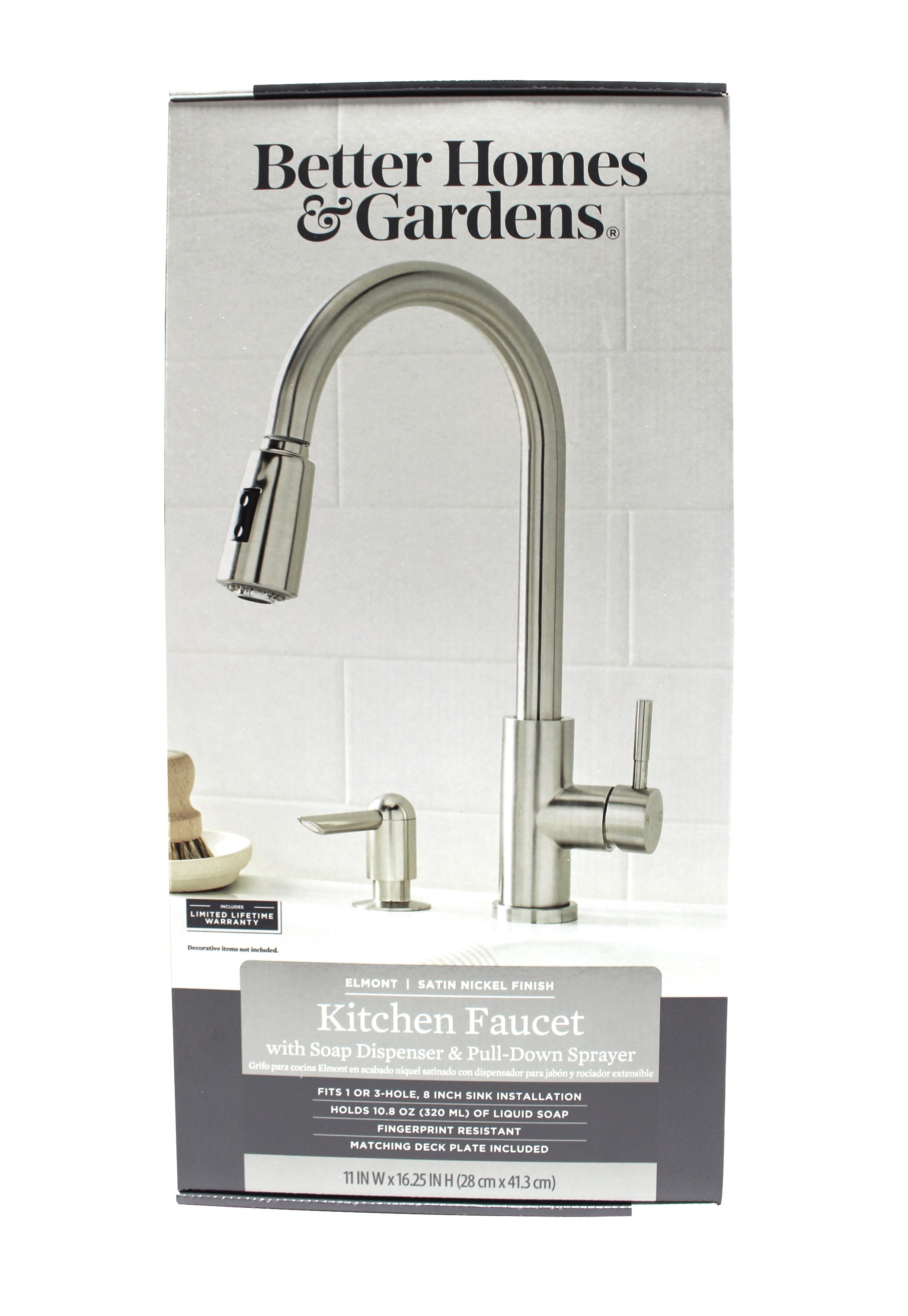 BETTER HOMES & GARDENS ELMONT HIGH SPOUT SINGLE HANDLE PULL DOWN KITCHEN FAUCET WITH SOAP DISPENSER, SATIN NICKEL