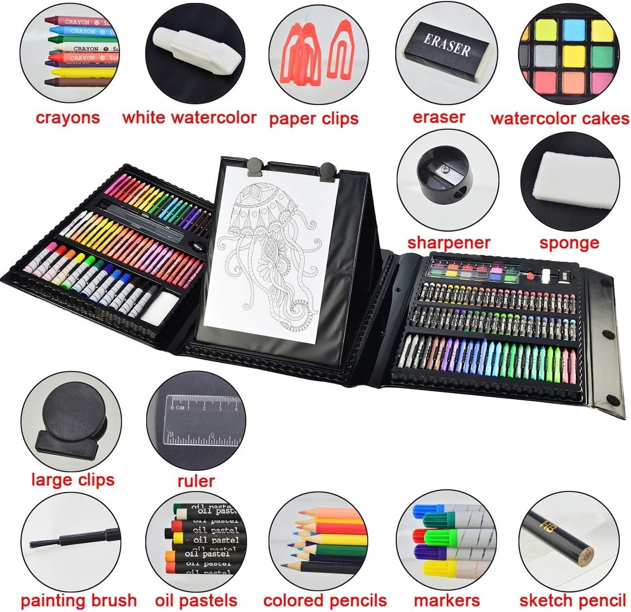 185-Piece Double Sided Easel Art Set - Complete Drawing Kit with Oil Pastels, Crayons, Colored Pencils, Markers & Sketch Pad