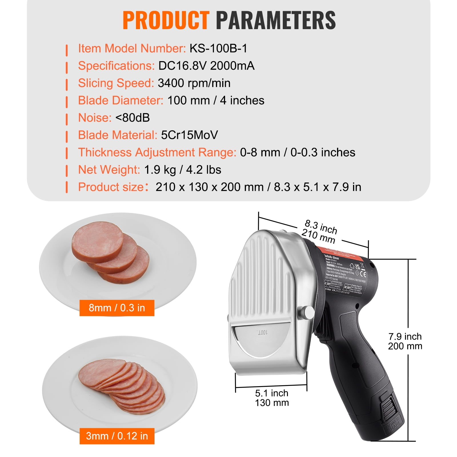 VEVOR Electric Shawarma Knife, 80W Cordless Battery Professional Turkish Knife, Commercial Stainless Steel Gyro Cutter, Doner Kebab Meat Slicer with 2 Blades, Φ4"/100mm,0-8mm Adjustable Thickness