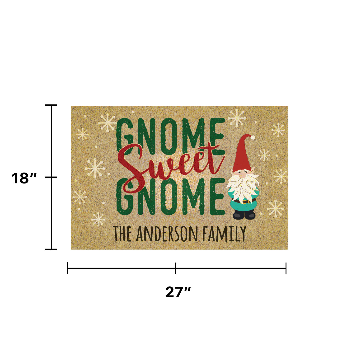 Personalized Planet 27x18 Gnome Sweet Gnome Doormat with Custom Family Name Printed on Brown Rectangular 1/8” Thick Non Slip Mat for Kitchen Hallway Deck or Porch