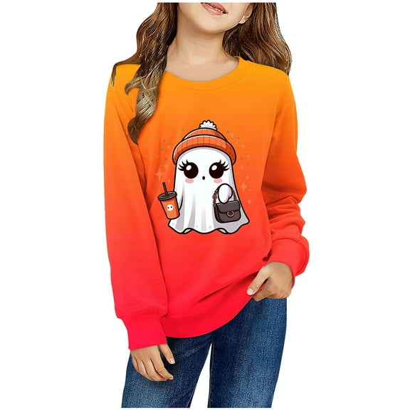 Odeerbi Toddler Boys Girls Halloween Pumpkin Ghost Crewneck Sweatshirts Fall Winter Pullover Sweatshirt 1-12 Years Kids Long Sleeve Halloween Printed T-shirt Top Toddler Clothes Orange