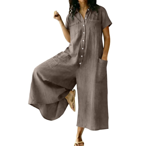 RYRJJ Womens Cotton Linen Jumpsuits Short Sleeve Button Down Dressy Casual Wide Leg Pants Romper Summer One-Piece Outfits(Brown,XXL)