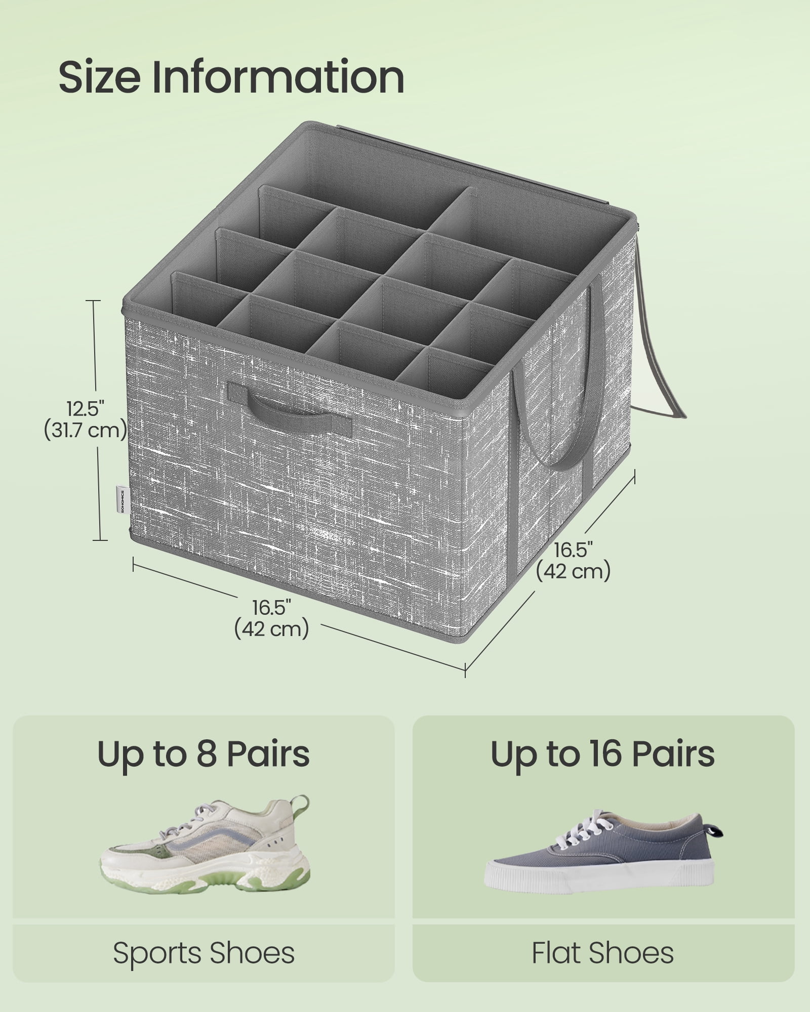 Set of 2 Shoe Storage Organizers - 16-Pair Capacity Each, Clear PVC Lid & Reinforced Handles, Foldable Fabric Bins for Closet, Cattail Gray