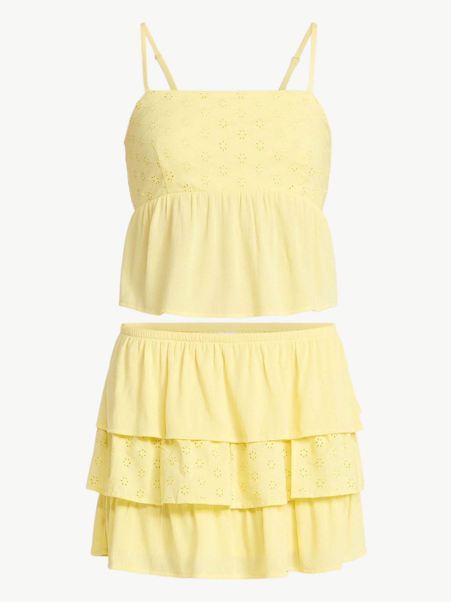 No Boundaries Woven Eyelet Cropped Cami and Mini Skirt Set, 2-Piece, Women's XXS-XXL