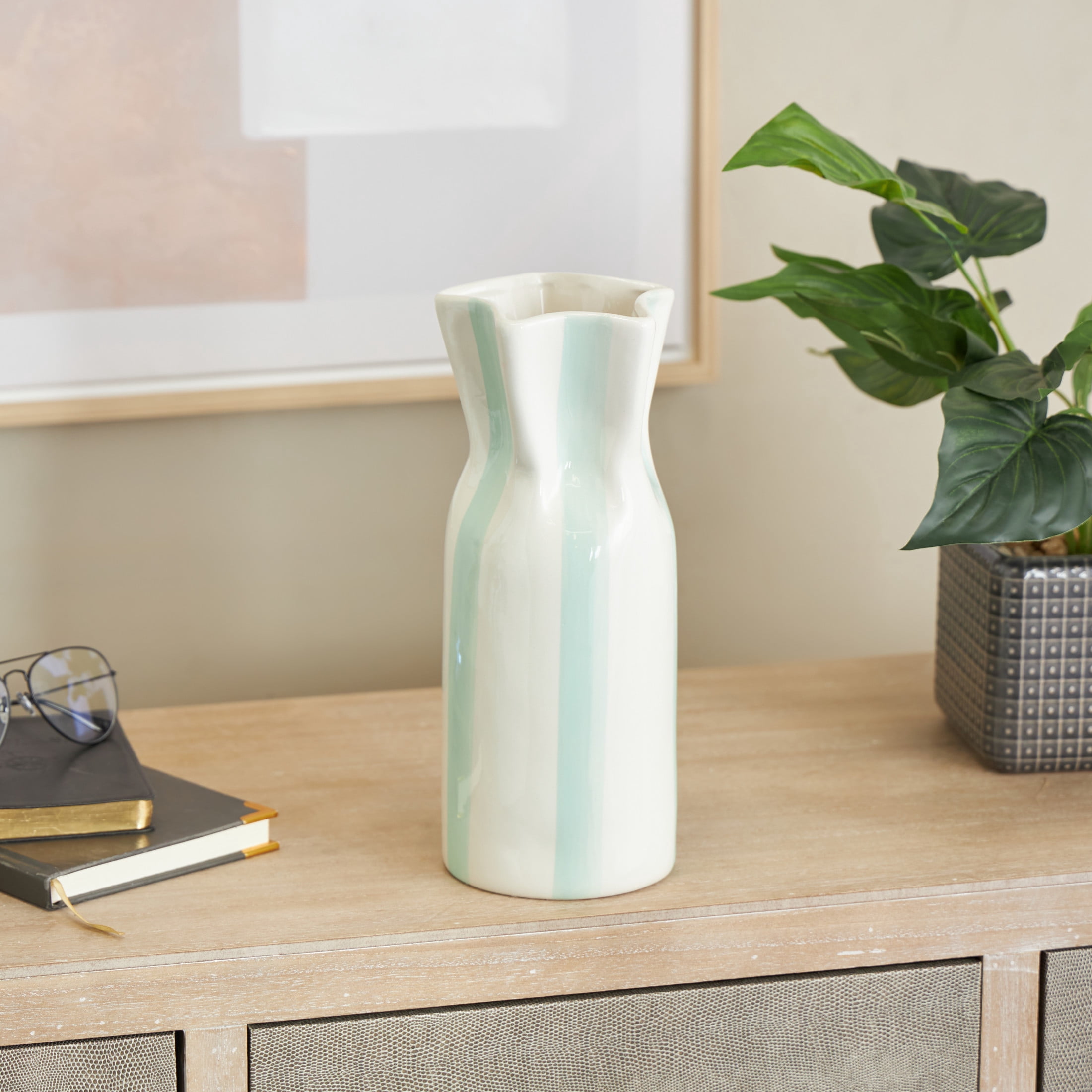 DecMode 12" Round Light Blue Ceramic Vase with White Vertical Stripes