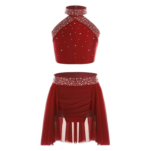 Fldy 2Pcs Kids Girls Crop Top with Irregular Skirts Lyrical Dress Ballet Dance Costume Ice Skating Dress Burgundy 14