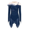 thumbnail image 6 of renvena Women Ruched Detail Lyrical Dress Irregular Mesh Hem Ballet Tulle Skirt Leotard Figure Skating Dress Navy Blue S, 6 of 7