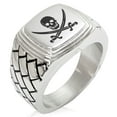 thumbnail image 1 of Stainless Steel Pirate Skull & Swords Geometric Pattern Step-Down Biker Style Polished Ring, 1 of 1