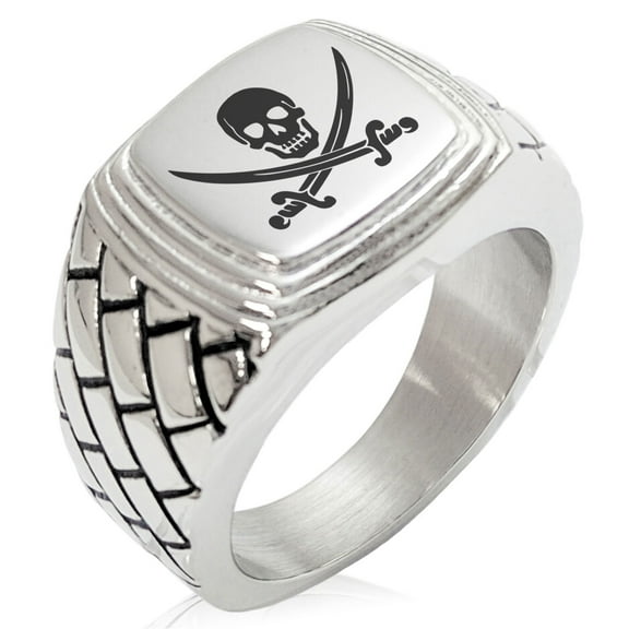 Stainless Steel Pirate Skull & Swords Geometric Pattern Step-Down Biker Style Polished Ring