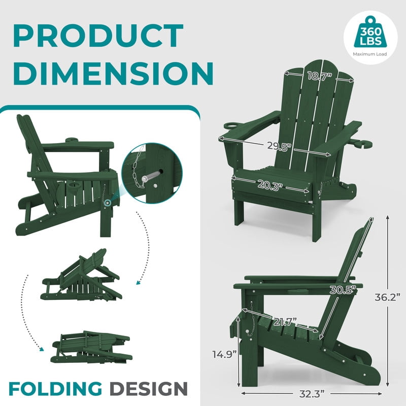 RIAFUN Outdoor Patio chair, Folding HDPE Resin Adirondack Chair with Double Cup Holder, Dark Green
