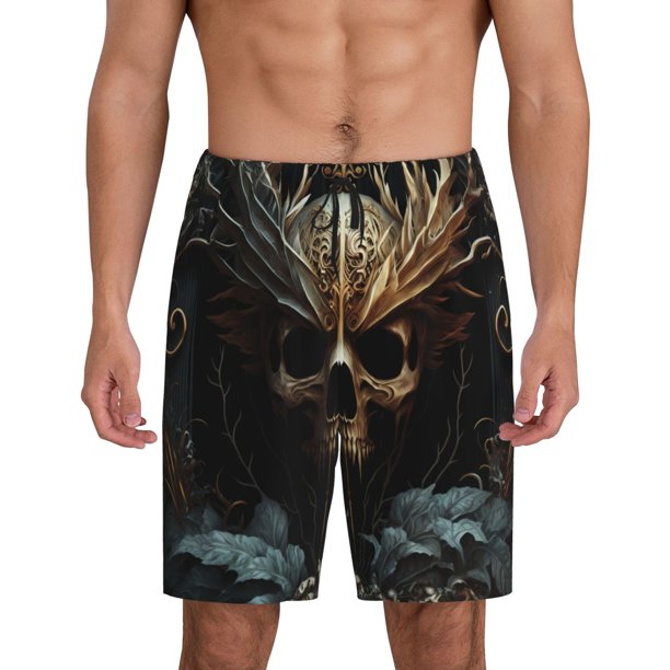 Balery Vintage Ornate Skull Pantalones cortos de pijama de punto de algodón para hombre con cinturilla y bolsillos-XX-Large