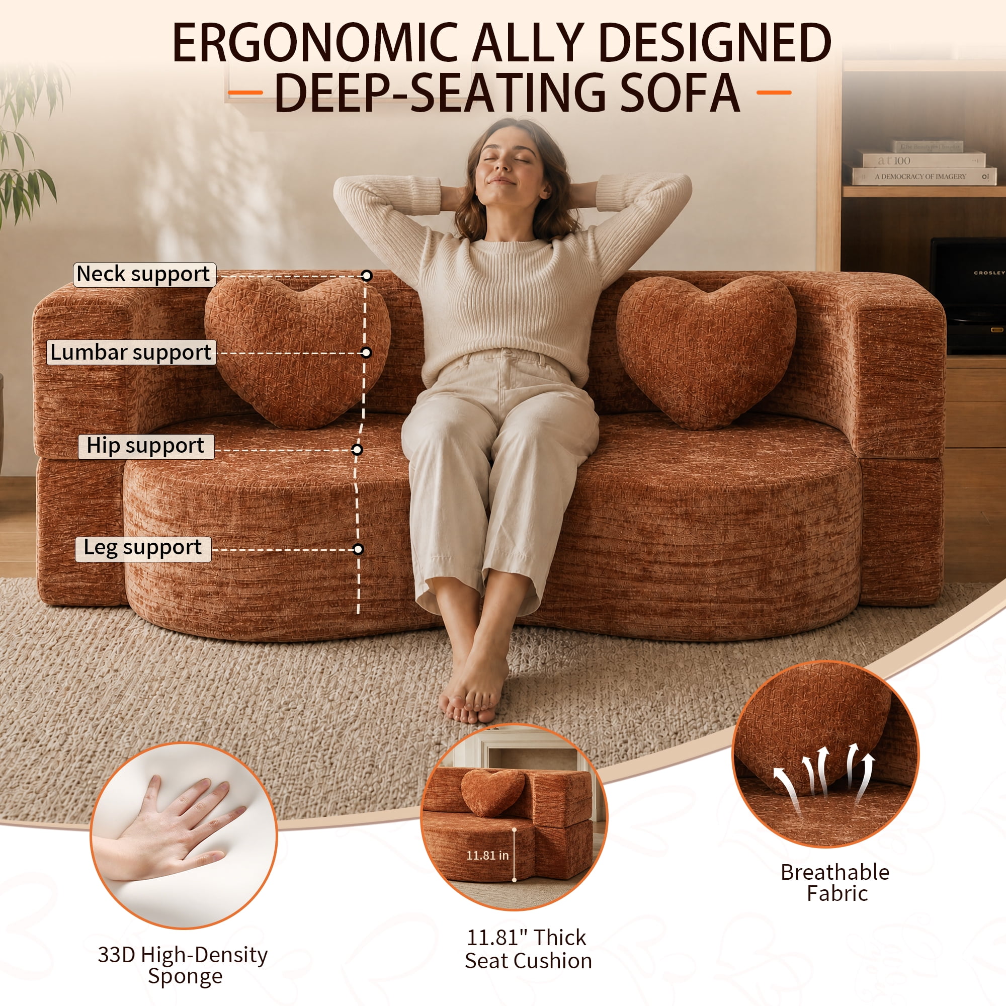 78.74"W Heart-Shaped Convertible Sofa,Floor Couch,Sleeper Sofa Bed,No Assembly High-Density Sponge Loveseat with 2 Heart Pillows for Living Room, Apartment,Burnt Orange